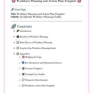 Può includere: Un documento rosa chiaro intitolato "Modello di pianificazione della forza lavoro e piano d'azione". Il documento include una copertina, un sommario e appendici. La sezione dei contenuti elenca argomenti come "Introduzione" e "Vantaggi della pianificazione della forza lavoro".