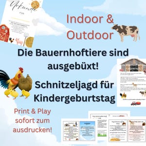 Könnte beinhalten: Ein farbenfrohes Poster mit dem Text "Indoor & Outdoor" und "Die Bauernhoftiere sind ausgebüxt! Schnitzeljagd für Kindergeburtstag". Das Bild enthält Illustrationen von Bauernhoftieren, einer Scheune und einer Sonne.