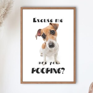 Könnte beinhalten: Ein gerahmter Druck mit einem Jack Russell Terrier, der den Betrachter direkt ansieht. Der Text "Excuse me are you POOPING?" ist in schwarzer, verspielter Schrift gedruckt. Der Hund hat braune und weiße Markierungen. Der Rahmen ist hellbraun.
