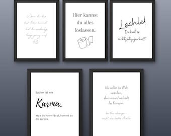 Funny toilet poster set – 5x bathroom posters in German, black and white toilet sayings, witty toilet decoration, digital download print