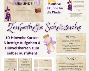 May include: A collection of whimsical treasure hunt materials, including a certificate, star-shaped award, clue cards, and task cards. The design features a wizard, treasure chest, and scroll illustrations, with text in German.