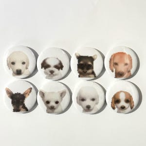 May include: A collection of eight white round buttons, each featuring a different adorable puppy face. The puppies vary in breed and color, with some having brown, black, and golden fur. The buttons are arranged in two rows of four.
