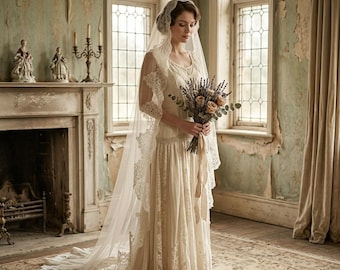 Vintage Lace Mantilla Wedding Veil,Eyelash Lace Edge Veil,Floor Length Mantilla Veil,Ivory Tulle Wedding Veil with Comb