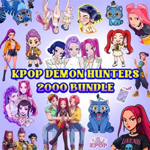 May include: A collection of cartoon illustrations featuring K-Pop-inspired characters. The images include various female figures with colorful hair, dressed in stylish outfits, and a blue cat. Text reads "KPOP DEMON HUNTERS 2000 BUNDLE."
