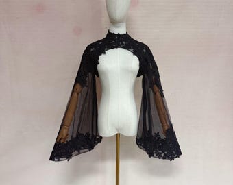 Boléro de mariage à manches cloche, cape amovible en dentelle noire, châle en dentelle florale, confection sur mesure