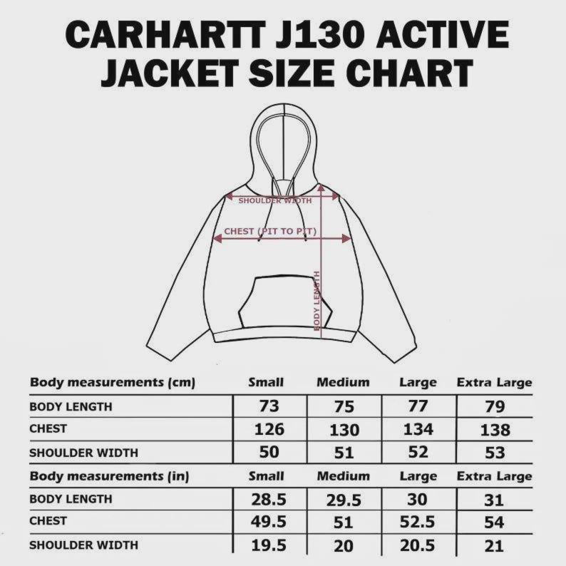 Op de afbeelding: Maattabel voor de Carhartt J130 Active Jacket. De tabel toont lichaamsmaten in cm en inches voor lichaamslengte, borst en schouderbreedte, van small tot extra large. De jas heeft een capuchon.