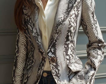 Damesblazer met slangenprint – jack met slangenprint – elegante slim-fit jas – stijlvolle blazer met dierenprint voor kantoor, feest en vrijetijdskleding