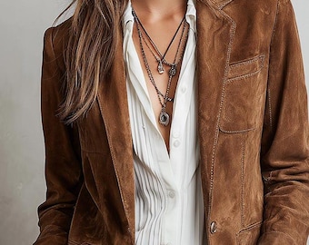 Milieuvriendelijk suède retro-jack dames met contrasterende stiksels | Vintage bruine blazer | Duurzame herfstmode