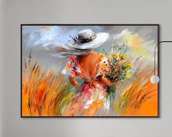 Kvinna i fältmålning, färgglad figurativ väggkonst, dam med blommor, texturerad impressionistisk dekor, stor orange gul för sovrum