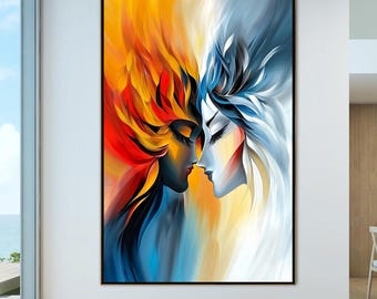 Feuer und Eis Gemälde, Abstraktes Paar Liebe Kunst, Yin Yang Seelenpartner Wandkunst, Moderne figurative Kunstwerk für Schlafzimmer, Leidenschaftliche Kuss Malerei