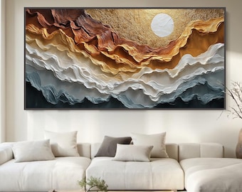 Textured Gold Mountain Wave Painting, Abstract Impasto Landscape Art