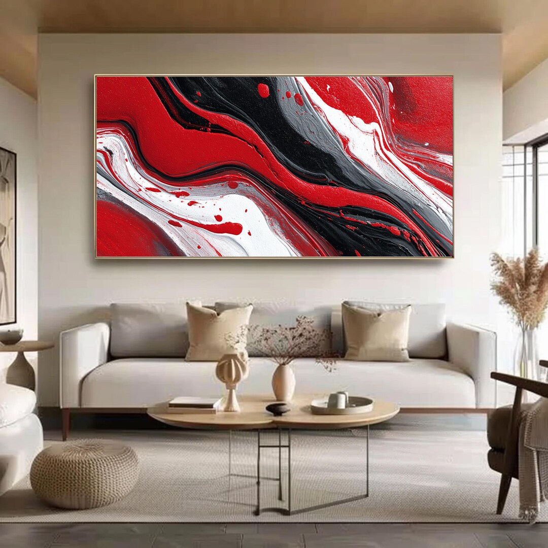 Red Black Abstract Painting, Large Textured Wall Art, Modern Fluid Art ...