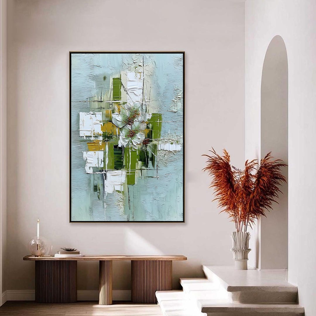 Luxurious Sage Green Abstract Floral Oil Painting 3D Textured Flower ...