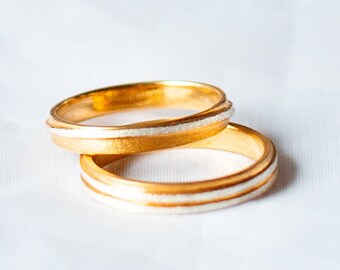 two tone gold wedding ring set, wedding band set his and hers, white nad yellow gold wedding bands, wrapped, solid, 14K, 3mm