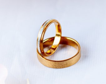 two tone gold wedding ring set, wedding band set his and hers, white nad yellow gold wedding bands, wrapped, solid, 14K, 3mm