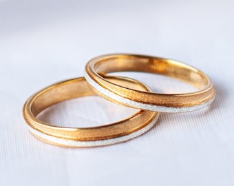 two tone gold wedding ring set, wedding band set his and hers, white nad yellow gold wedding bands, wrapped, solid, 14K, 3mm