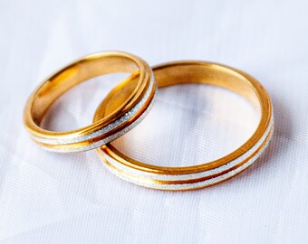 two tone gold wedding ring set, wedding band set his and hers, white nad yellow gold wedding bands, wrapped, solid, 14K, 3mm