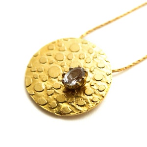 gold disc pendant, circle quartz pendant, faceted oval quartz pendant, long disc necklace, gold circle pendant, gift for her, moon necklace image 1