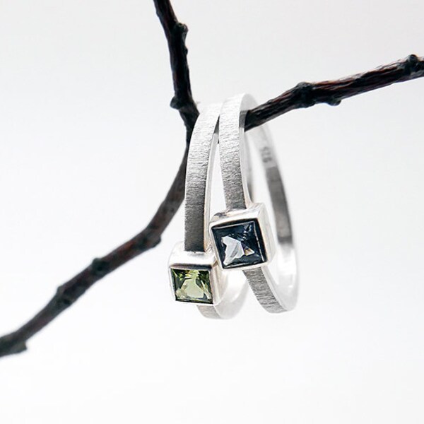 square topaz ring, olivine ring, sterling silver ring, stackable rings, satin silver ring, engagement ring, minimalist ring, square gem ring