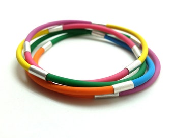 silver rubber bracelet, colorful bracelets, rubber jewelry, pink blue yellow purple orange silicone bracelets, multicolor bangles
