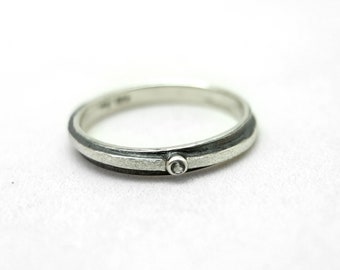 silver diamond ring, white gem ring, delicate geometric ring, black sterling silver band,  engagement ring, wedding band