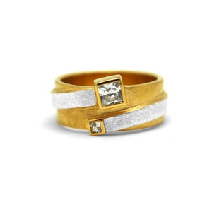 gold ring with white topaz, white square topaz ring, yellow gold white gem ring, engagement ring, wide two tone ring