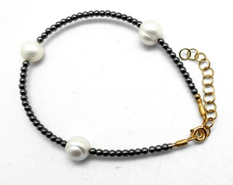 pearl bracelet, hematite beaded bracelet, gold plated silver bracelet