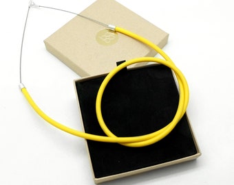 yellow rubber necklace, minimalist strand necklace, yellow knot necklace, statement rubber jewelry