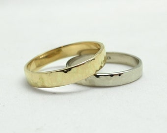 hammered gold wedding ring set, wedding band set, white nad yellow gold wedding bands, 14K