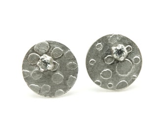 moon earrings, silver circle studs, diamond circle studs, dots silver posts, silver round earrings, silver button earrings, full moon studs