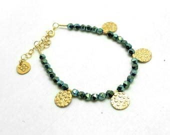 green hematite beaded bracelet, gold plated silver bracelet, green and gold bracelet