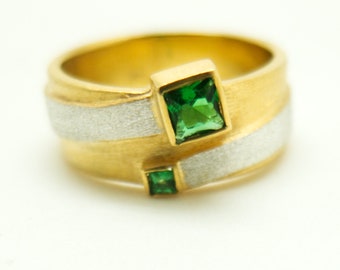 gold emerald ring, natural gemstone band, green gem ring, 14K gold engagement, square, geometric, two tone, simple, gold plated silver, gift