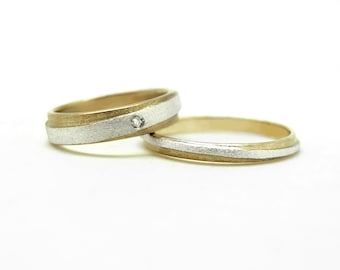 two tone gold wedding ring set, wedding band set his and hers, white nad yellow gold wedding bands, diamond ring, 14K, 4 and 2mm