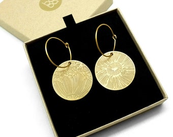 big round earrings, circle gold dangles, big round floral dangle, statement disc earrings