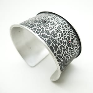 wide sterling silver cuff, oxidized ruby bangle, luxury statement bracelet, boho floral jewelry, textured botanical cuff, heavy silver cuff