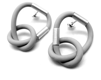 gray knot earrings, rubber and sterling silver studs, loop statement earrings