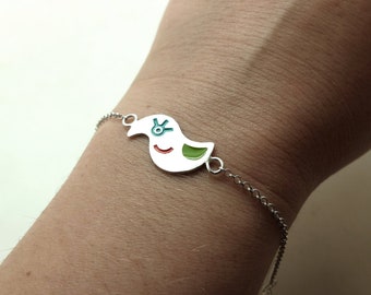 sterling silver bracelet, colorful bird bracelet, cute enameled bird jewelry