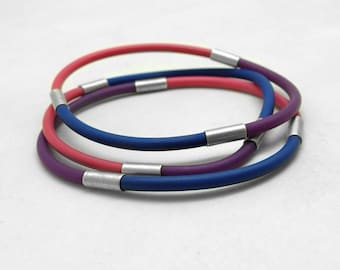 silver rubber bracelet, colorful bracelets, rubber jewelry, pink blue yellow purple orange silicone bracelets, multicolor bangles