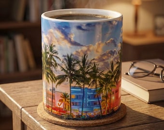 Ceramiczny kubek z motywem plaży | Kubek na kawę z motywem fal oceanu i wschodu słońca
