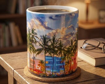 Beach Scene Ceramic Mug | Coastal Sunrise Ocean Waves Coffee Cup