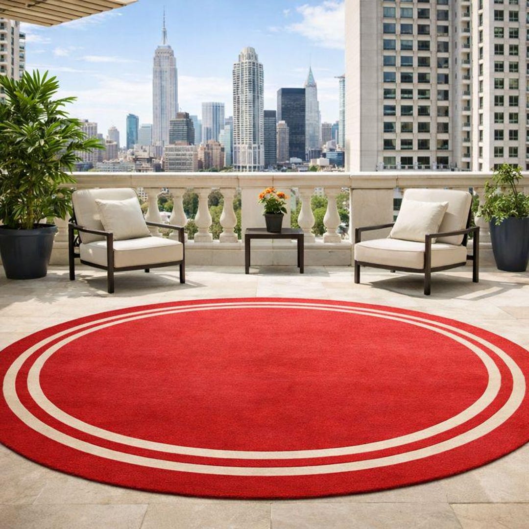 Red Round Area Rug With Cream Concentric Rings, Modern Minimalist ...