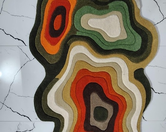 Vloerkleed aardetinten met organische vorm – gelaagd abstract kloddertapijt, retro golvend tapijt, modern boho-onregelmatig 5 x 7 5 x 8 vloerkleed voor woonkamerinrichting.