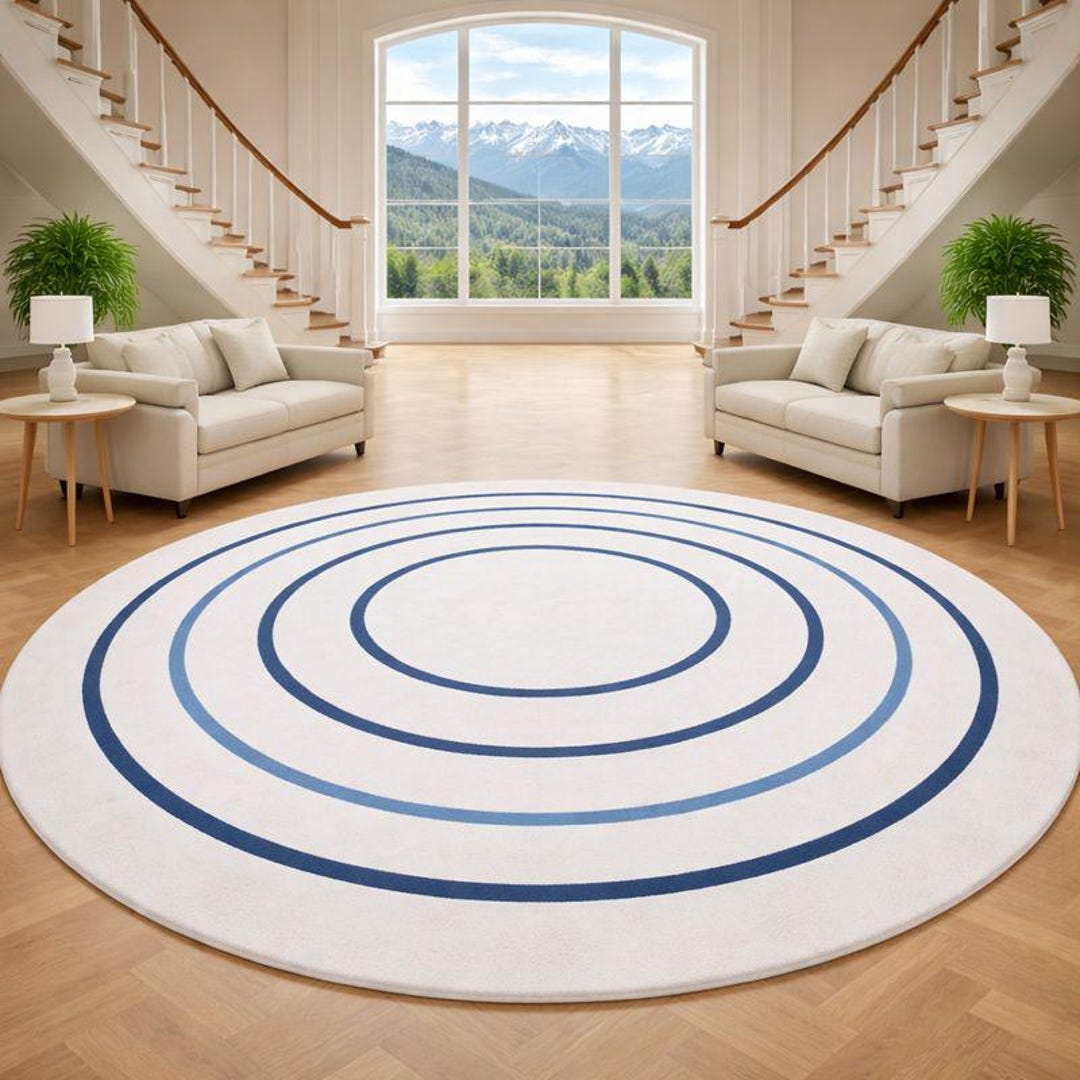 White Round Area Rug With Blue Concentric Rings, Modern Minimalist ...