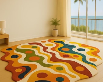 Kleurrijk psychedelisch golvend tapijt, onregelmatige vorm vloeiend abstract tapijt, verbrand oranje groenblauw geel groovy getuft tapijt, creatieve woonkamermat