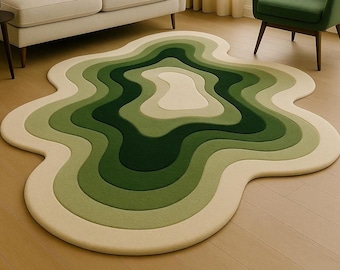 Handgetuft groen topografisch vloerkleed | Organisch golvend vloerkleed | Modern woonkamertapijt | Hedendaags abstract vloerkleed: 5 x 7 inch