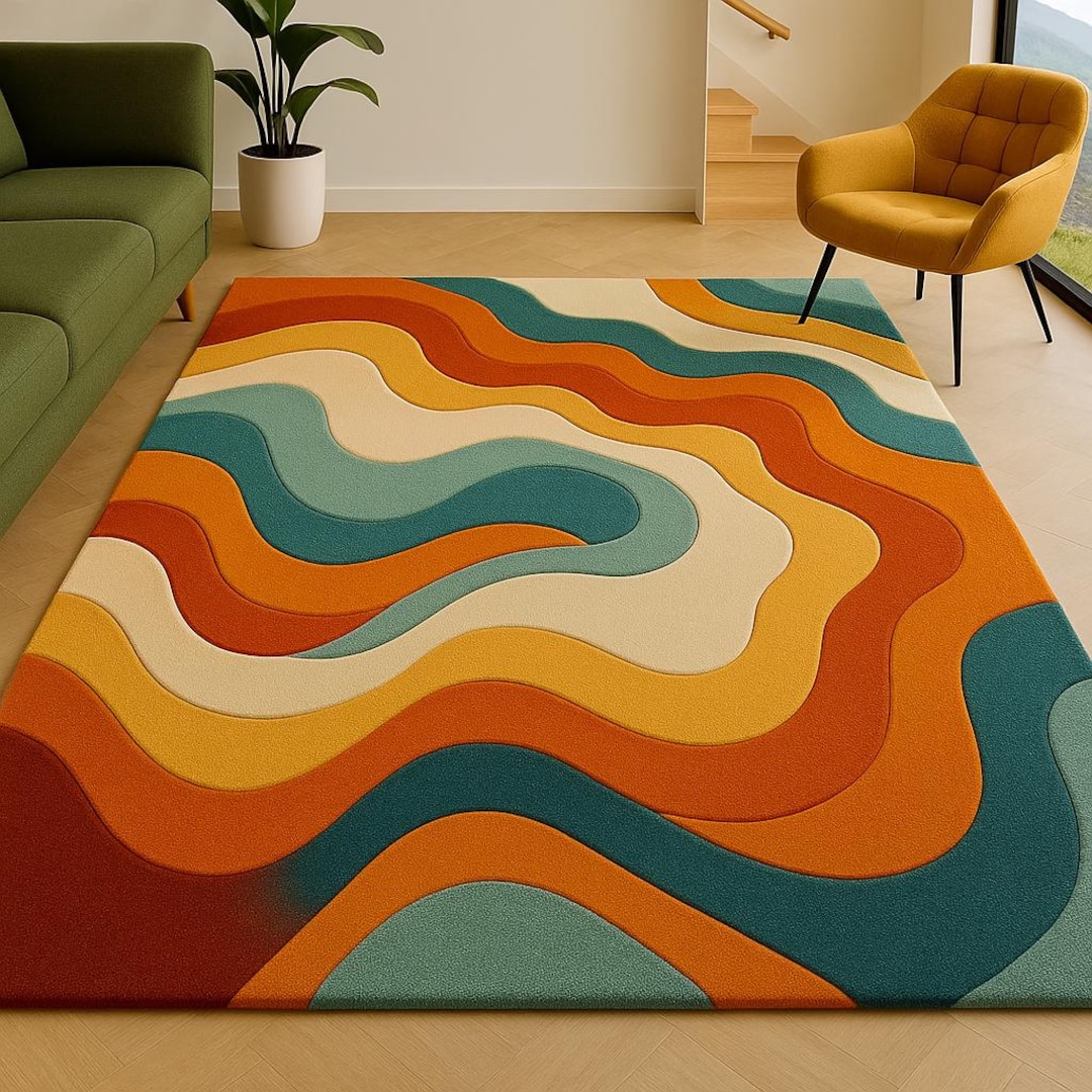 Multicolour Retro Rug Retro Wave Hand Tufted Wool Rug, Mid Century Modern Abstract Area ...