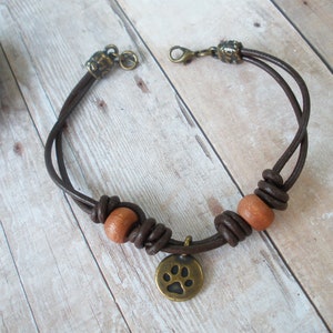 Brown Leather Cord Animal Paw Print Charm Bracelet