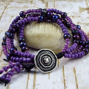Purple Beaded Four Row Leather Cord Wrap Bracelet