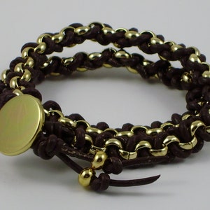 Gold Chain and Leather Cord Wrap Bracelet