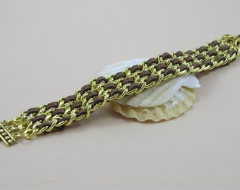 Gold Chain and Brown Suede Cord Woven Cuff Bracelet